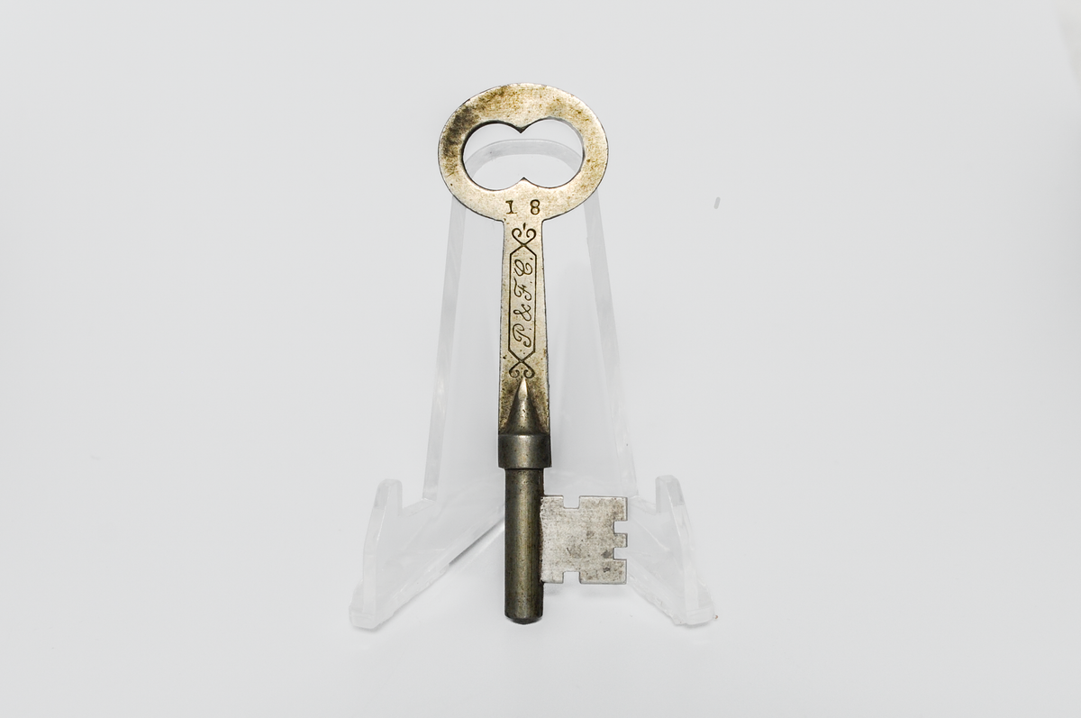 P. & F. C. Antique Solid Barrel Key Stamped 18 Victorian Interior Door Key - Antique P. &amp; F. Corbin Skeleton Key No. 18 Ornate Script Logo Ribbon Scroll Bow
