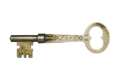 P. & F. C. Antique Solid Barrel Key Stamped 18 Victorian Interior Door Key - Antique P. &amp; F. Corbin Skeleton Key No. 18 Ornate Script Logo Ribbon Scroll Bow