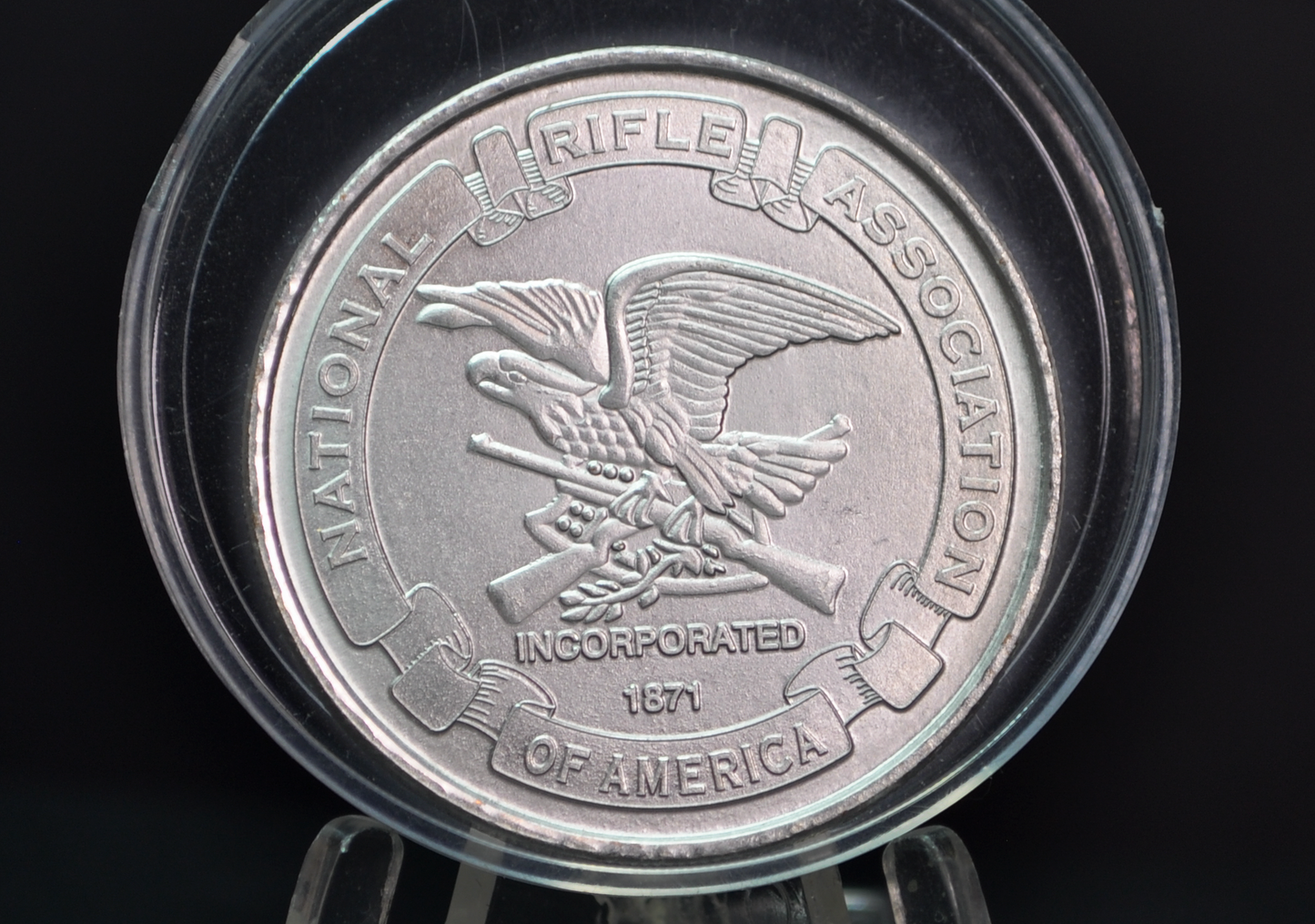 NRA Defenders of Freedom Silver-Tone Challenge Coin - National Rifle Association of America "Incorporated 1871" Silvered Token