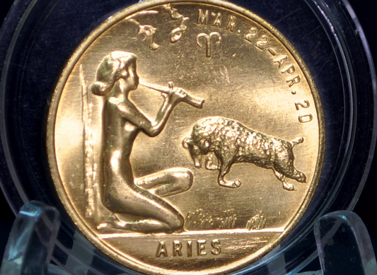 Vintage Aries Zodiac Good Luck Token Brass Astrology Medallion - Collectible Aries Astrology Medallion Kneeling Flute Player & Ram Design