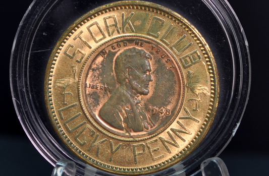 Vintage 1948-D Stork Club New York City "Lucky Penny" Encased Lincoln Wheat Cent - 1948 Stork Club Lucky Penny Vintage NYC Nightclub Memorabilia