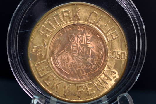 Vintage 1948-D Stork Club New York City "Lucky Penny" Encased Lincoln Wheat Cent - 1948 Stork Club Lucky Penny Vintage NYC Nightclub Memorabilia