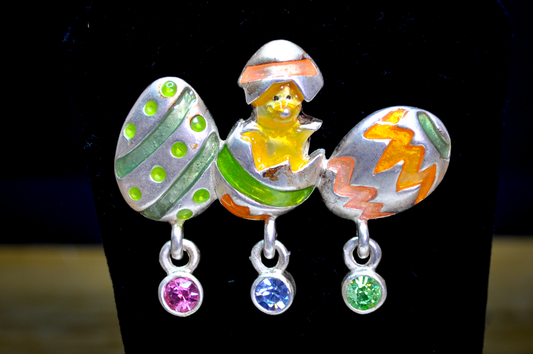 Vintage Silver-Tone Easter Brooch with Hatching Chick and Decorated Eggs -Enameled Easter Egg Bar Pin with Dangle Crystal Charms