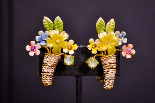 Vintage Enameled Flower Basket Clip-On Earrings - Gold-Tone Cornucopia Flower Bouquet Clip-On Earrings
