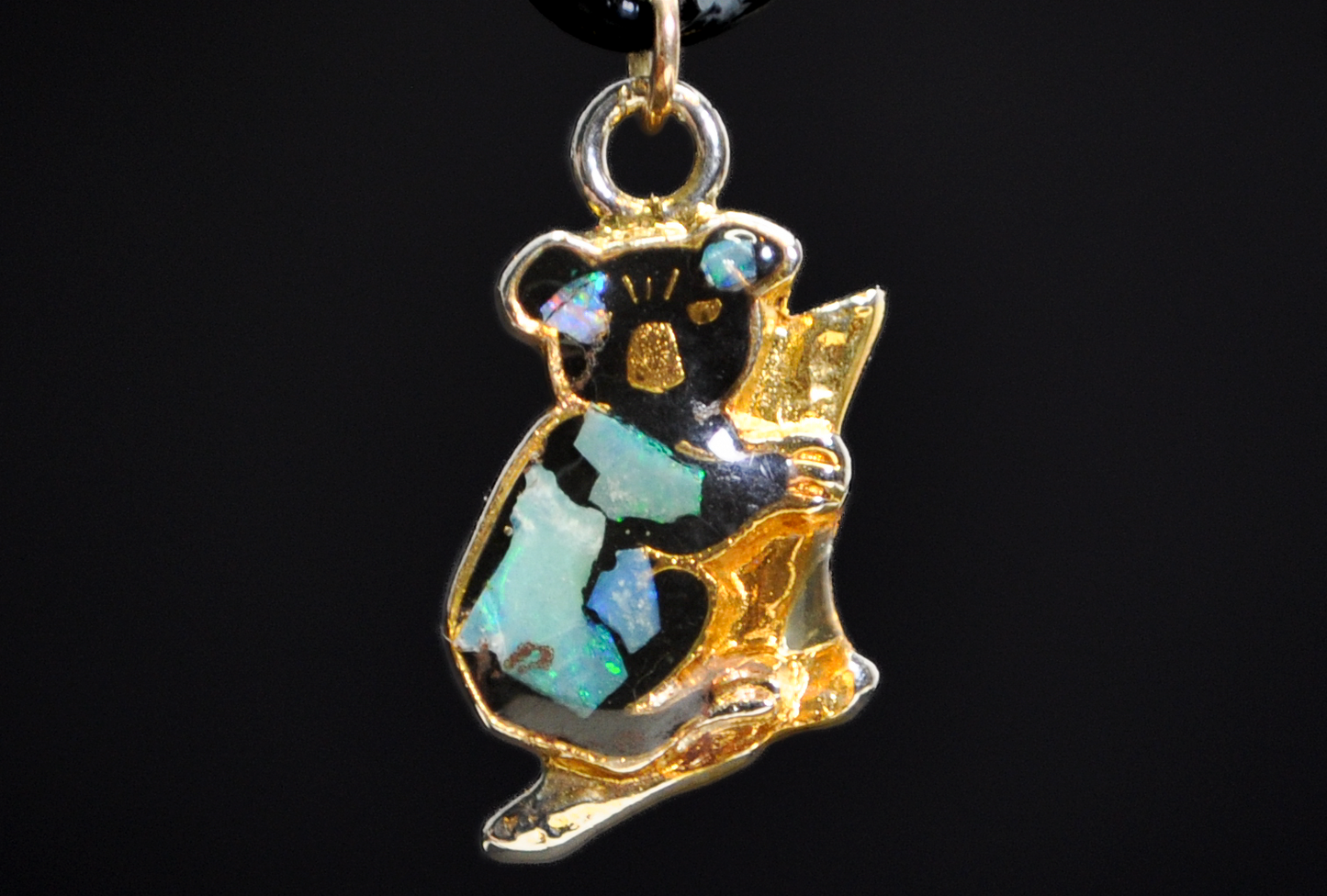 Vintage Gold-Toned Koala Pendant with Australian Opal Mosaic Inlay & Black Enamel  -Dainty Gold-Tone Koala Bear Charm with Vibrant Opal Chip Inlay