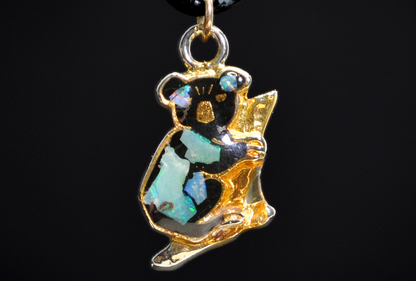 Vintage Gold-Toned Koala Pendant with Australian Opal Mosaic Inlay & Black Enamel  -Dainty Gold-Tone Koala Bear Charm with Vibrant Opal Chip Inlay