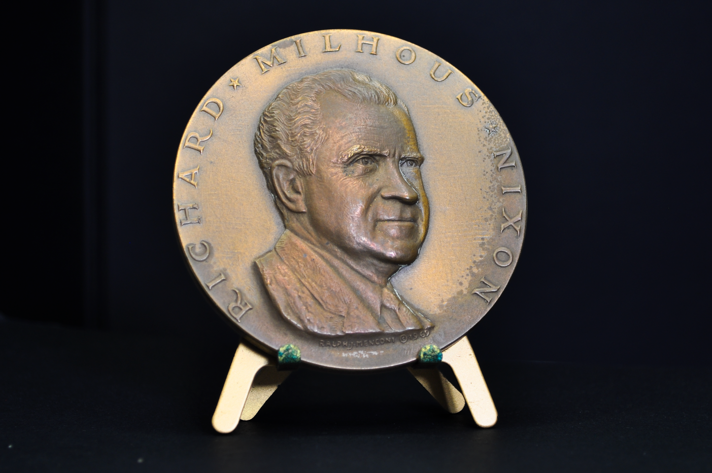 1969 High Relief Large Richard Nixon Medallic Art Co. Bronze Medal - Vintage Richard Milhouse Nixon 1969 High Relief Medallion & Stand