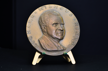 1969 High Relief Large Richard Nixon Medallic Art Co. Bronze Medal - Vintage Richard Milhouse Nixon 1969 High Relief Medallion & Stand