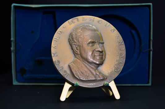 1969 High Relief Large Richard Nixon Medallic Art Co. Bronze Medal - Vintage Richard Milhouse Nixon 1969 High Relief Medallion & Stand