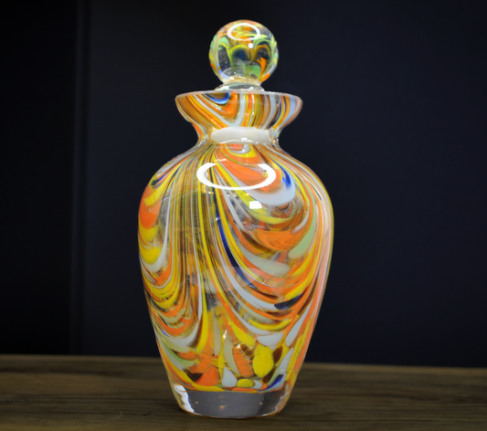 Vibrant Artisan Blown Glass Bottle with Orb Stopper - Mid-Century Modern Style Colorful Twist Glass Vase