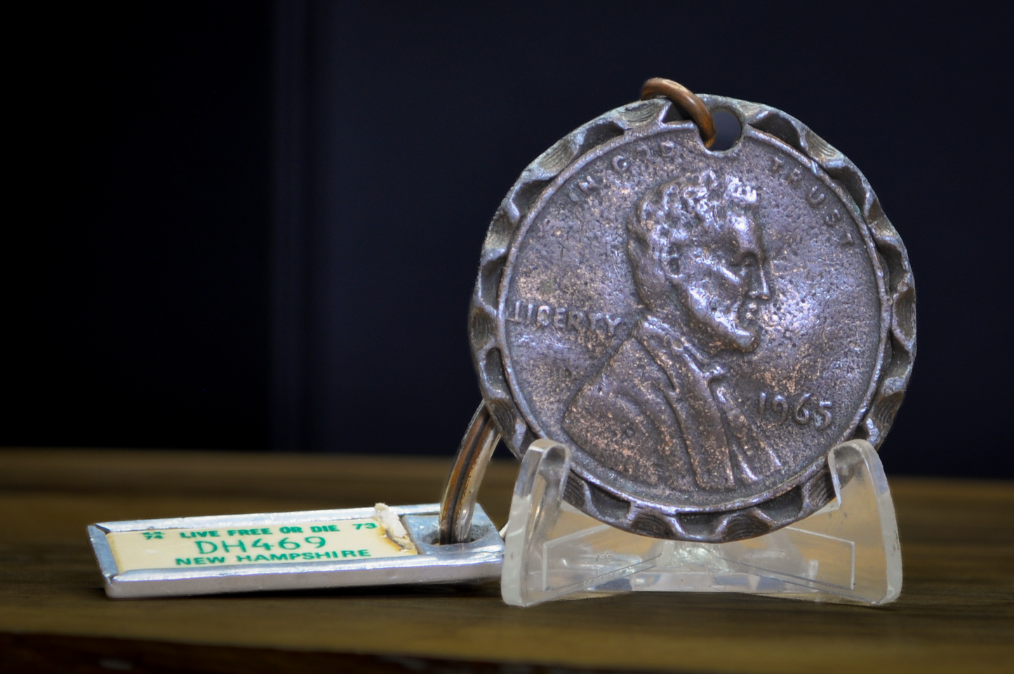 1969 Lucky Penny Keychain with 1973/74 New Hampshire "Live Free or Die" Mini License Plate Tag DH469 - Vintage 1969 Lincoln Penny Lucky Coin Keychain & NH State License Plate Key Tag