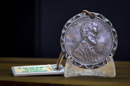 1969 Lucky Penny Keychain with 1973/74 New Hampshire "Live Free or Die" Mini License Plate Tag DH469 - Vintage 1969 Lincoln Penny Lucky Coin Keychain & NH State License Plate Key Tag