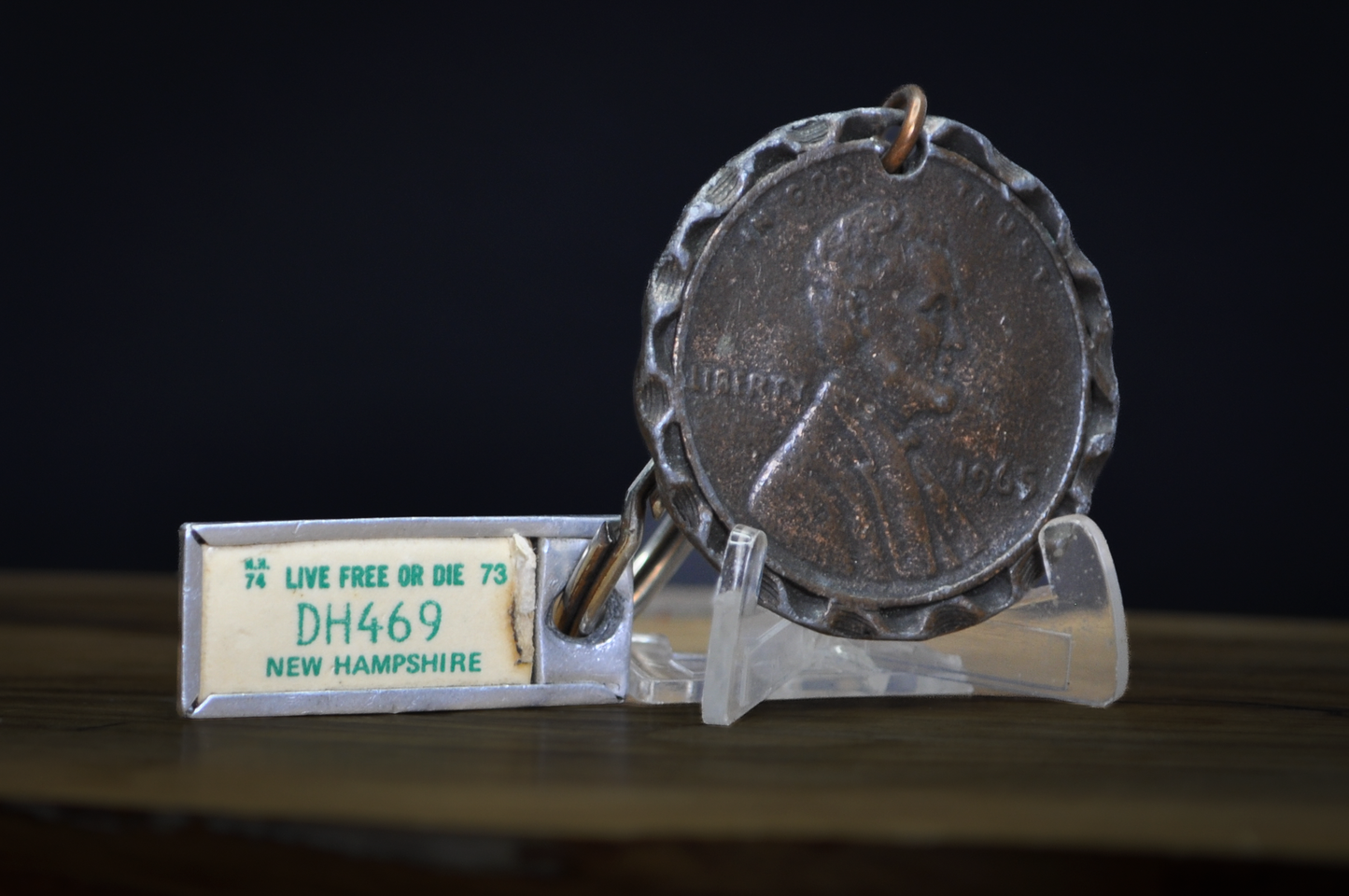 1969 Lucky Penny Keychain with 1973/74 New Hampshire "Live Free or Die" Mini License Plate Tag DH469 - Vintage 1969 Lincoln Penny Lucky Coin Keychain & NH State License Plate Key Tag