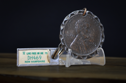 1969 Lucky Penny Keychain with 1973/74 New Hampshire "Live Free or Die" Mini License Plate Tag DH469 - Vintage 1969 Lincoln Penny Lucky Coin Keychain & NH State License Plate Key Tag