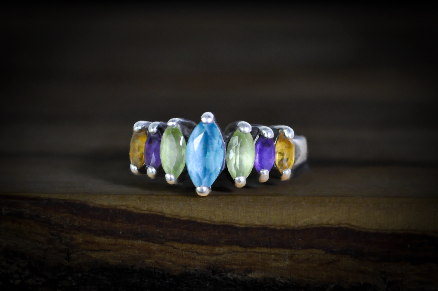 Vintage Sterling Silver 925 Multi-Gemstone Ring Blue Topaz, Peridot, Amethyst, Citrine - Vintage 925 Silver Multi-Gemstone Statement Ring Size 6