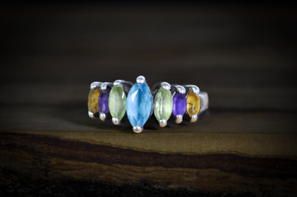 Vintage Sterling Silver 925 Multi-Gemstone Ring Blue Topaz, Peridot, Amethyst, Citrine - Vintage 925 Silver Multi-Gemstone Statement Ring Size 6