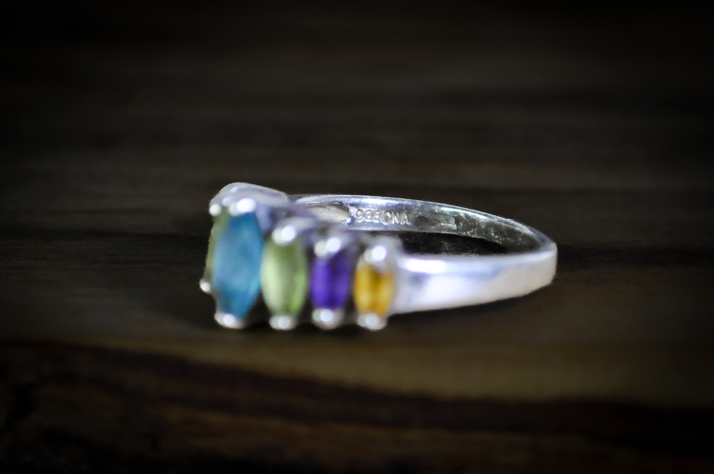 Vintage Sterling Silver 925 Multi-Gemstone Ring Blue Topaz, Peridot, Amethyst, Citrine - Vintage 925 Silver Multi-Gemstone Statement Ring Size 6