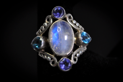 Rainbow Moonstone Multi-Stone Statement Ring 925 Sterling Silver Size 8.5 - Oval Rainbow Moonstone Cabochon Ring with Blue Topaz and Tanzanite Accents, Size 8.5