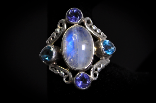 Rainbow Moonstone Multi-Stone Statement Ring 925 Sterling Silver Size 8.5 - Oval Rainbow Moonstone Cabochon Ring with Blue Topaz and Tanzanite Accents, Size 8.5