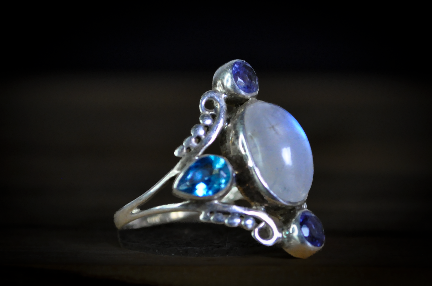 Rainbow Moonstone Multi-Stone Statement Ring 925 Sterling Silver Size 8.5 - Oval Rainbow Moonstone Cabochon Ring with Blue Topaz and Tanzanite Accents, Size 8.5