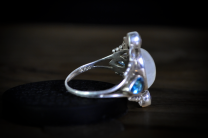 Rainbow Moonstone Multi-Stone Statement Ring 925 Sterling Silver Size 8.5 - Oval Rainbow Moonstone Cabochon Ring with Blue Topaz and Tanzanite Accents, Size 8.5