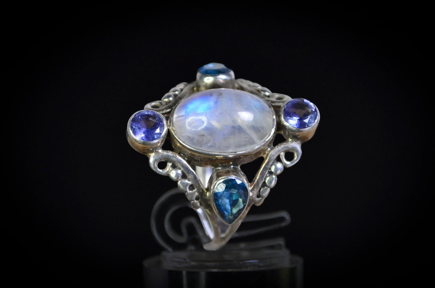 Rainbow Moonstone Multi-Stone Statement Ring 925 Sterling Silver Size 8.5 - Oval Rainbow Moonstone Cabochon Ring with Blue Topaz and Tanzanite Accents, Size 8.5