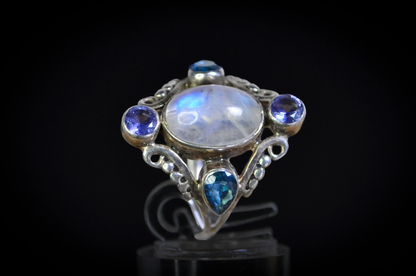 Rainbow Moonstone Multi-Stone Statement Ring 925 Sterling Silver Size 8.5 - Oval Rainbow Moonstone Cabochon Ring with Blue Topaz and Tanzanite Accents, Size 8.5