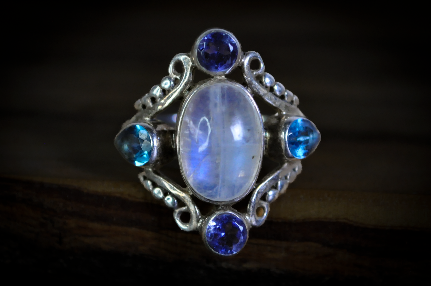 Rainbow Moonstone Multi-Stone Statement Ring 925 Sterling Silver Size 8.5 - Oval Rainbow Moonstone Cabochon Ring with Blue Topaz and Tanzanite Accents, Size 8.5