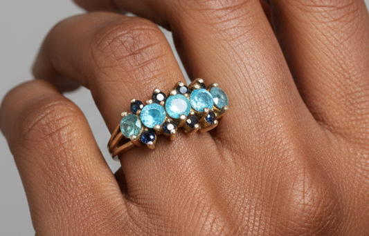 Vintage Sterling Silver Blue Topaz and Sapphire 3-Row Band Ring - Multi-Row Blue Topaz & Dark Blue Sapphire Statement Ring in 925 Silver