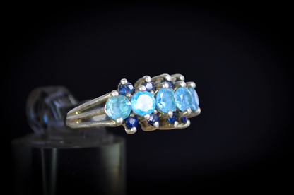 Vintage Sterling Silver Blue Topaz and Sapphire 3-Row Band Ring - Multi-Row Blue Topaz & Dark Blue Sapphire Statement Ring in 925 Silver