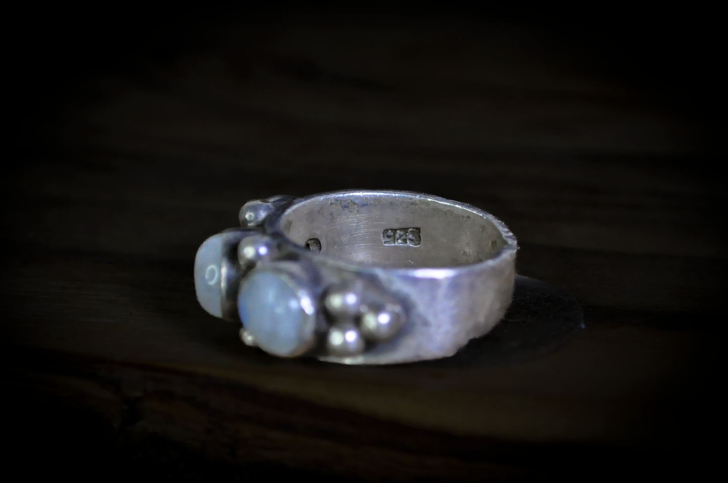 Vintage Sterling Silver Triple Moonstone Cabochon Statement Ring - 925 Silver Three-Stone Rainbow Moonstone Ring with Granulation Detail