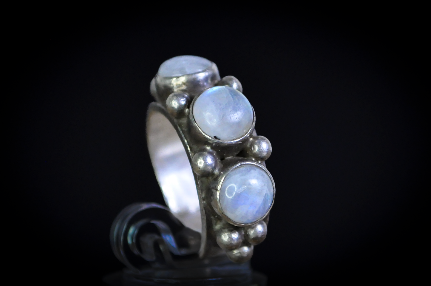 Vintage Sterling Silver Triple Moonstone Cabochon Statement Ring - 925 Silver Three-Stone Rainbow Moonstone Ring with Granulation Detail