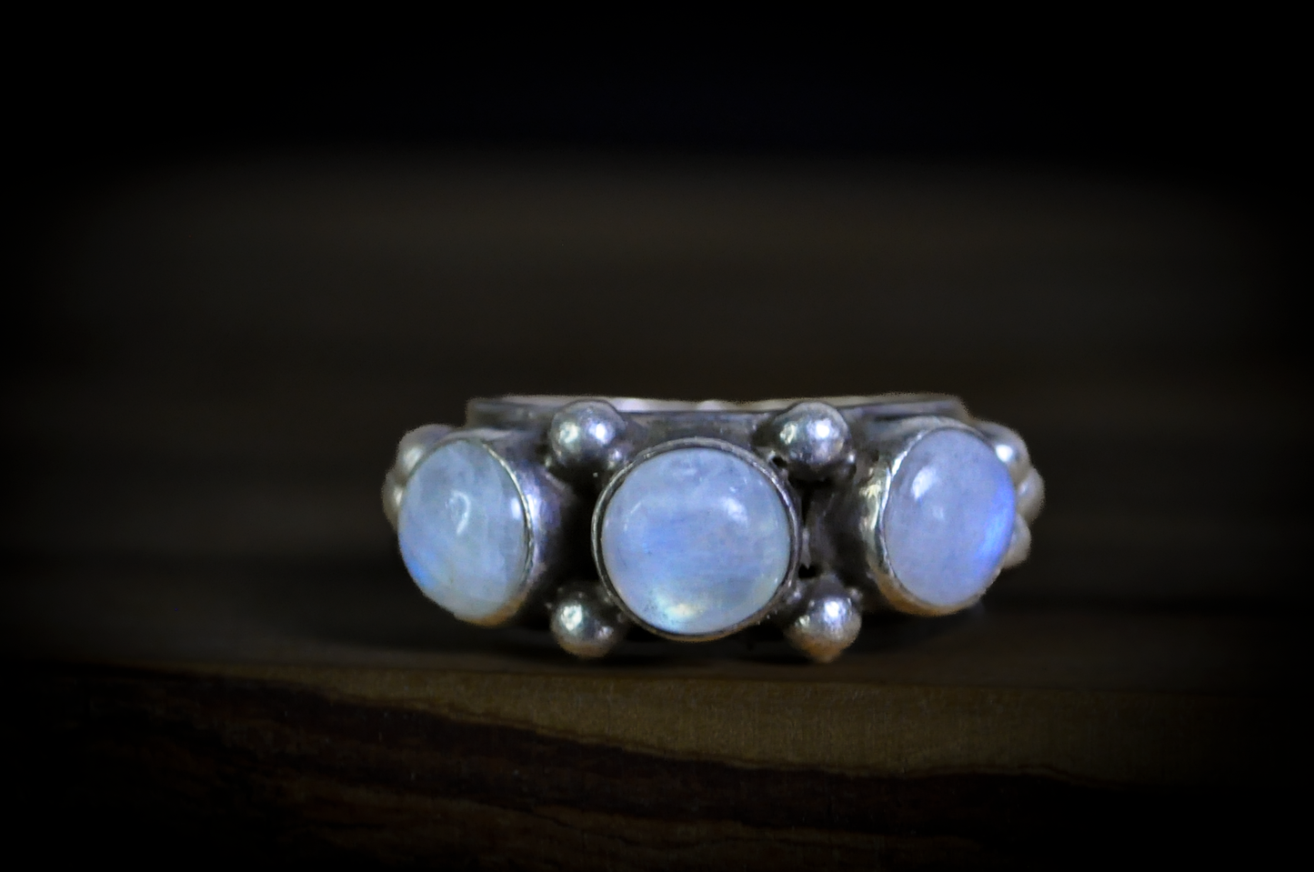 Vintage Sterling Silver Triple Moonstone Cabochon Statement Ring - 925 Silver Three-Stone Rainbow Moonstone Ring with Granulation Detail