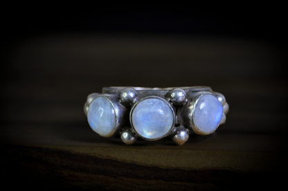 Vintage Sterling Silver Triple Moonstone Cabochon Statement Ring - 925 Silver Three-Stone Rainbow Moonstone Ring with Granulation Detail