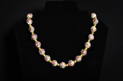 Vintage Murano Glass Wedding Cake Bead Necklace with Fiorato Pink Roses - Handmade Venetian Art Glass Floral Bead Necklace with Gold Foil Accents