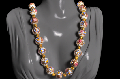 Vintage Murano Glass Wedding Cake Bead Necklace with Fiorato Pink Roses - Handmade Venetian Art Glass Floral Bead Necklace with Gold Foil Accents