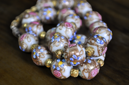Vintage Murano Glass Wedding Cake Bead Necklace with Fiorato Pink Roses - Handmade Venetian Art Glass Floral Bead Necklace with Gold Foil Accents