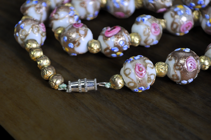 Vintage Murano Glass Wedding Cake Bead Necklace with Fiorato Pink Roses - Handmade Venetian Art Glass Floral Bead Necklace with Gold Foil Accents