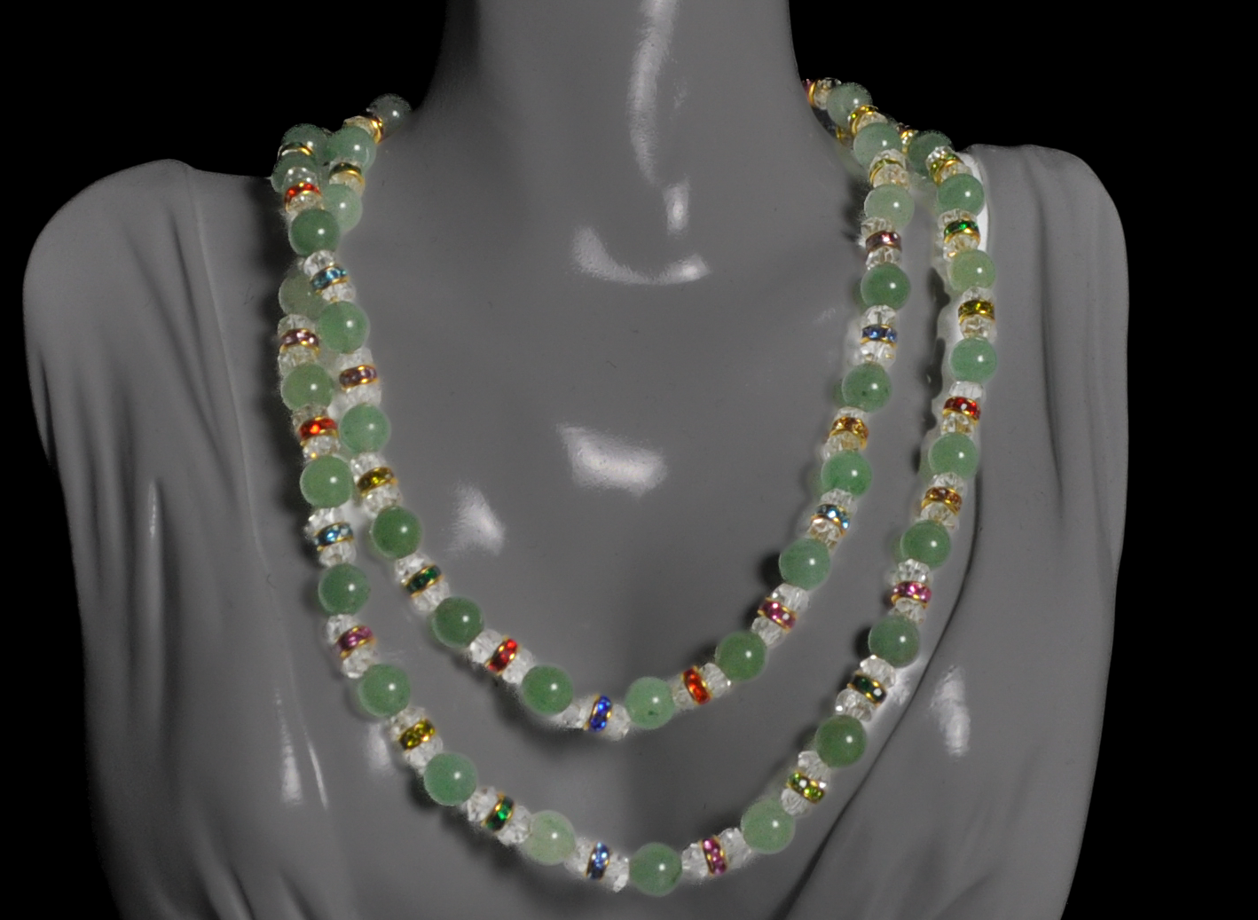 Long Light Green Gemstone Necklace with Multi-Color Accent Beads - Eclectic Jade Layering Necklace featuring Faceted Crystal and Glass Beads