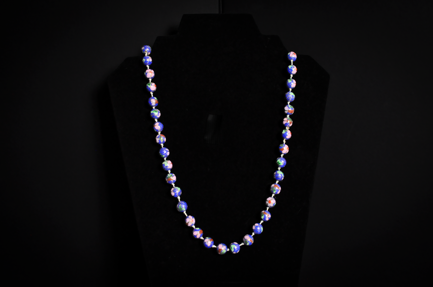 Vintage Chinese Export Cloisonne Bead Necklace - Cobalt Blue Enamel Floral Knotted Strand Chinese Cloisonne Necklace