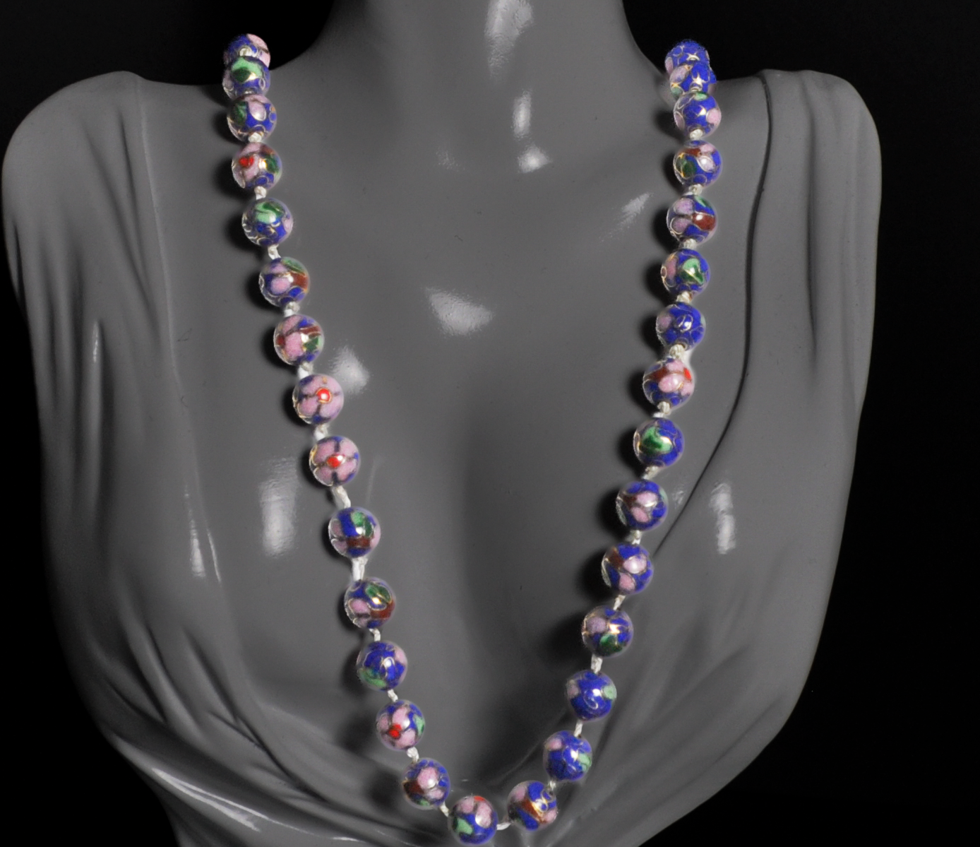 Vintage Chinese Export Cloisonne Bead Necklace - Cobalt Blue Enamel Floral Knotted Strand Chinese Cloisonne Necklace