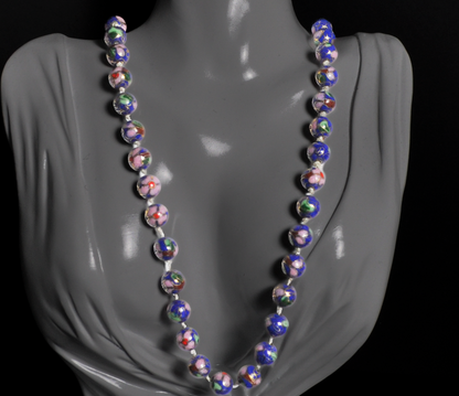 Vintage Chinese Export Cloisonne Bead Necklace - Cobalt Blue Enamel Floral Knotted Strand Chinese Cloisonne Necklace