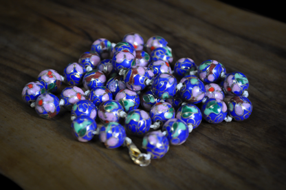 Vintage Chinese Export Cloisonne Bead Necklace - Cobalt Blue Enamel Floral Knotted Strand Chinese Cloisonne Necklace