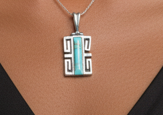 Vintage Sterling Silver Turquoise Inlay Geometric Pendant - Handcrafted Southwestern Style Sterling Silver and Turquoise Rectangular Pendant