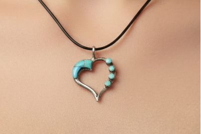 Vintage Sterling Silver Turquoise Heart Pendant - Southwestern Turquoise Open Heart Necklace Charm