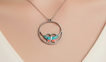 Silver Butterfly Pendant with Turquoise and Coral Chip Inlay - Vintage Native American Style Sterling Silver Butterfly Hoop Charm