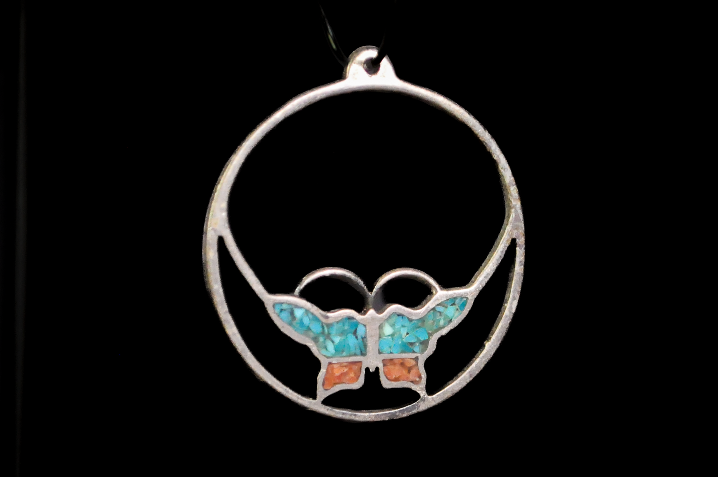Silver Butterfly Pendant with Turquoise and Coral Chip Inlay - Vintage Native American Style Sterling Silver Butterfly Hoop Charm