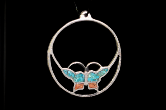 Silver Butterfly Pendant with Turquoise and Coral Chip Inlay - Vintage Native American Style Sterling Silver Butterfly Hoop Charm