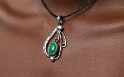 Handmade .925 Sterling Silver Artisan Green Cabochon Necklace - Vintage Southwestern Style Green Jade Pendant in Serrated Silver Setting