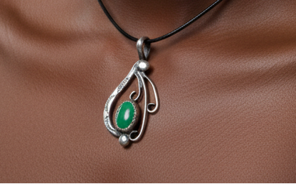 Handmade .925 Sterling Silver Artisan Green Cabochon Necklace - Vintage Southwestern Style Green Jade Pendant in Serrated Silver Setting